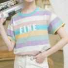 Short-sleeve Striped Letter Print T-shirt Stripes - Multicolor - One Size