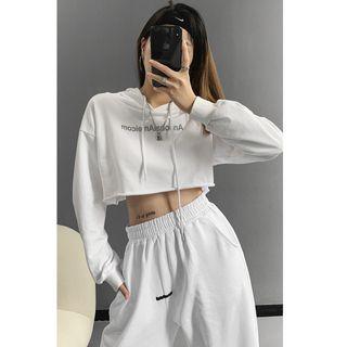 Cropped Loose-fit Lettering Hooded Sweatshirt