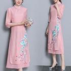 Elbow-sleeve Floral Embroidery Midi Qipao Dress