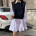 Long-sleeve Mini Collared Dress / Knit Vest