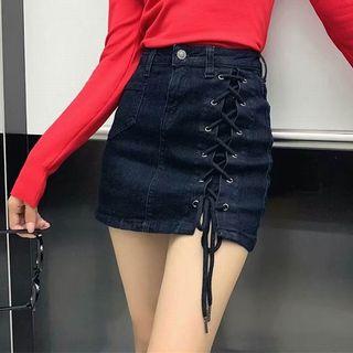 Lace-up Mini Fitted Denim Skirt