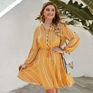 Balloon-sleeve Patterned A-line Dress