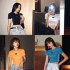 Lettering Contrast Trim Short-sleeve Cropped T-shirt