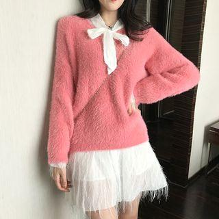 Furry Knit Sweater / Tie-neckline Lace Slipdress