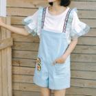 Set: Frill Trim Short Sleeve T-shirt + Lettering Strap Pinafore Playsuit