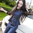 Set: Lace Panel Long Sleeve Denim Top + Slim Fit Jeans