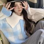 Gingham Panel Cropped Sweater Sweater - Blue & White - One Size