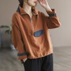 Long-sleeve Two-tone Half-zip T-shirt