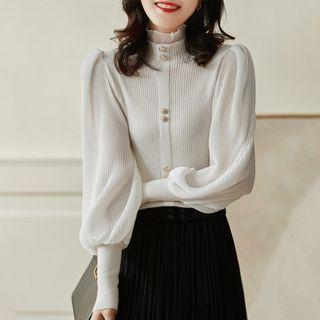 Mock-neck Ruffle Panel Knit Top