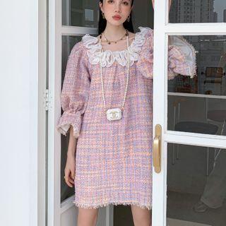 Puff-sleeve Plaid Shift Dress Pink - One Size