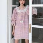 Puff-sleeve Plaid Shift Dress Pink - One Size