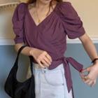 Puff-sleeve V-neck Top Purple - One Size