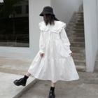 Long-sleeve Ruffled-trim Peter Pan Collar Plain Shirtdress