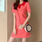 Collared Short-sleeve Mini Sheath Knit Dress Red - One Size