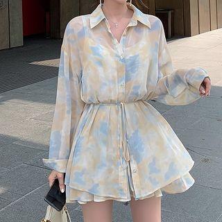 Long-sleeve Printed Shirt / Mini A-line Skirt / Camisole Top / Set