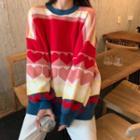 Lantern-sleeve Heart Print Sweater Red & Pink & Blue - One Size