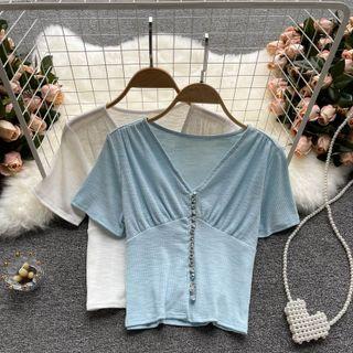 V-neck Short-sleeve Rhinestone Top