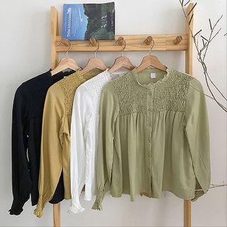 Plain Crewneck Frilled Long-sleeve Blouse