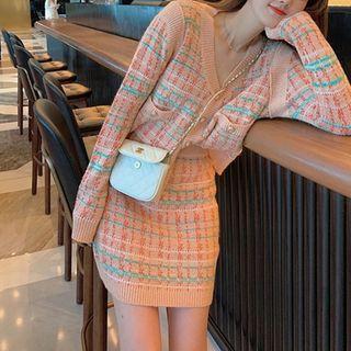 Set: Plaid V-neck Cardigan + Mini Straight-fit Skirt