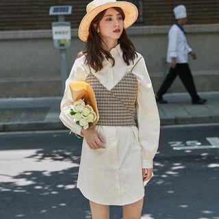 Set: Plaid Camisole Top + Plain Long-sleeve Shirtdress As Shown In Figure - One Size