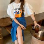 Puff-sleeve Print T-shirt / Slit Midi Pencil Skirt