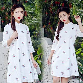 Mandarin Collar Floral Embroidered A-line Dress
