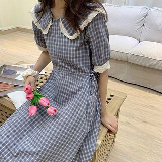 Elbow-sleeve Collar Plaid Midi A-line Dress