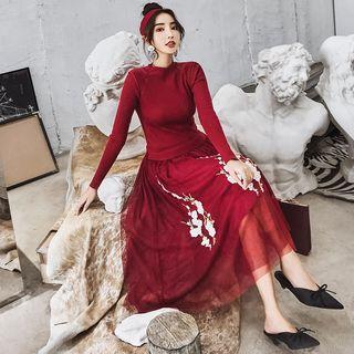 Mock Two Piece Long-sleeve Embroidered Midi Dress