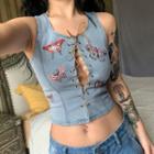 Butterfly Embroidery Lace-up Sleeveless Denim Top