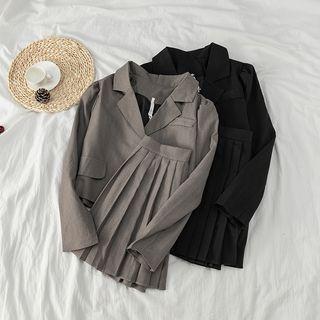 Lapel Collar Plain Cropped Blazer / Mini Pleated Skirt