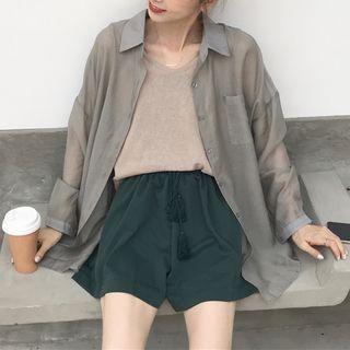 Plain Sheer Shirt / Plain Tank Top / Tassled Drawstring Shorts