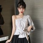 One-shoulder Asymmetrical Striped Blouse / Mini A-line Skirt