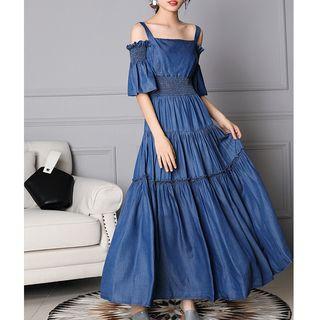 Cold-shoulder A-line Maxi Denim Dress
