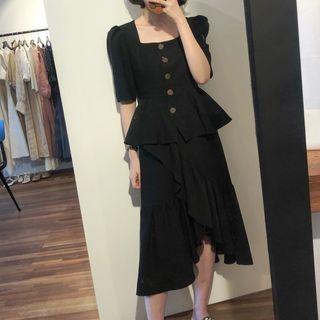 Elbow-sleeve Buttoned Ruffled Top / Asymmetric A-line Midi Skirt