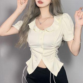 Short-sleeve Ruffled Drawstring Plain Blouse