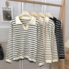 Lapel Striped Color Panel Loose Knit Sweater