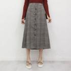 Button-front Glen-plaid Long Skirt