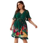 Elbow-sleeve Lace Trim Printed A-line Dress
