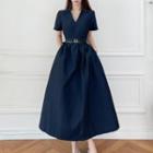 Short-sleeve V-neck Midi A-line Dress / Belt