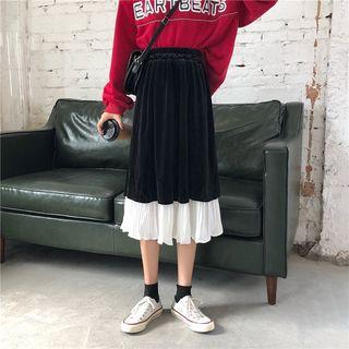 Paneled Velvet Midi A-line Skirt Black - One Size