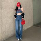 High Waist Wide Leg Jeans / Letter Embroidered Denim Cropped Vest