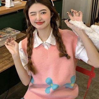 V-neck Floral Sweater Vest Pink - One Size