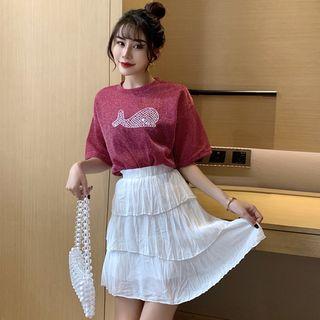Dolphin Print Elbow-sleeve T-shirt / High Waist Mini Layered Skirt