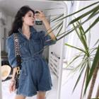 3/4-sleeve Denim Playsuit As Shown In Figure - One Size