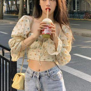 Long-sleeve Floral Square-neck Shirt