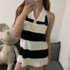 Halter-neck Collared Striped Knit Top As Shown In Figure - One Size