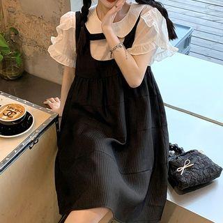 Ruffle Trim Blouse / Mini A-line Overall Dress