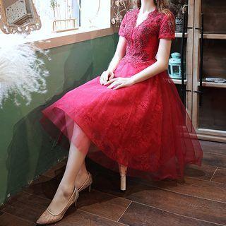 Short-sleeve Embroidered Midi Prom Dress