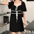 Contrast Trim Short-sleeve Mini Shift Dress Black - One Size