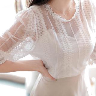 3/4-sleeve Mesh-overlay Blouse